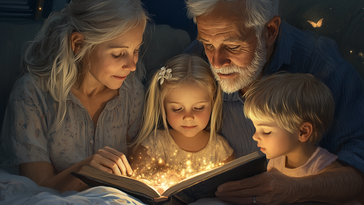 Grandparents reading a bedtime story to their grandkids