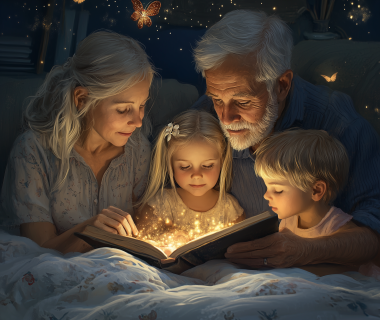 Grandparents reading a bedtime story to their grandkids